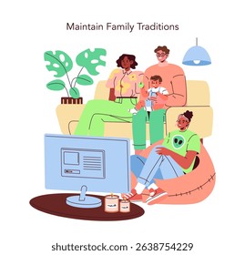 Vector illustration showing a family spending quality time together, watching TV. Expressions are happy and relaxed. The scene emphasizes maintaining family traditions and bonds.