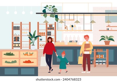 A vector illustration showing a family who came to do some shopping. Shelves with carefully laid out different categories of goods and interior items. Calm atmosphere in a small grocery store.