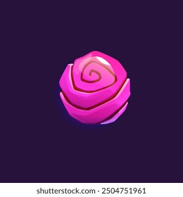 Vector illustration showing a fantastic pink planet or asteroid on a dark isolated background. This rose-shaped element is suitable for game user interface design in a flat cartoon style.
