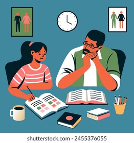 A vector illustration showing a father helping his daughter with homework, emphasizing parental involvement and education.