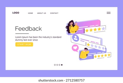 Vector illustration showing a feedback page with star ratings and people interacting. The image highlights engagement with customer feedback using stars and communication elements.