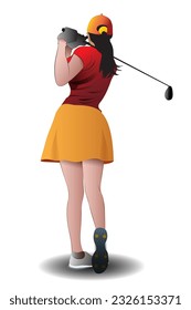 Vector illustration showing female golfer swing.