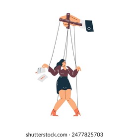 Vector illustration showing a female puppet being controlled by a dominant puppeteer, representing power imbalance and the concept of manipulation. Flat style on isolated background.