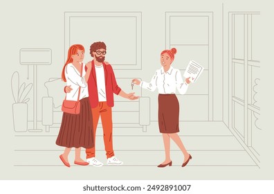 Ilustración vectorial que muestra a una agente inmobiliaria entregando llaves a una pareja joven. Representa un negocio de bienes raíces con un énfasis en los servicios de corretaje y la interacción de los Clientes. Estilo plano.