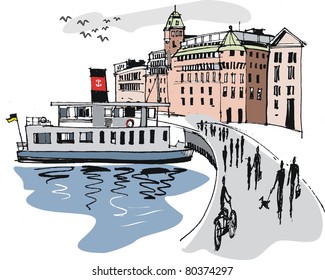 Vector illustration showing ferry and buildings, Stockholm harbor, Sweden.