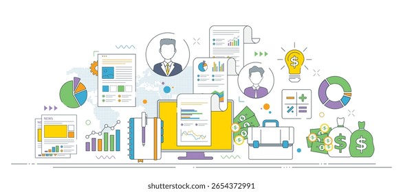 Vector illustration showing financial data management, business strategy and planning concepts with charts, documents and money icons for corporate success.