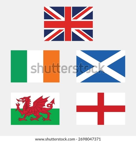 Vector illustration showing the flags of the United Kingdom, including the national flag of the UK and the individual flags of Wales, England, Northern Ireland, and Scotland. Flat minimalist design.