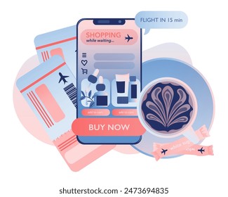 Vector illustration showing flight tickets, a mobile phone app featuring online shopping while waiting at the airport, and a cup of coffee. Cozy seating area at the airport. Leisure time on travel.