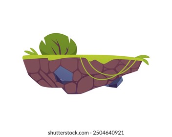 Ilustración vectorial que muestra una plataforma de piedra flotante con hierba verde y árboles. La plataforma se asienta sobre un fondo aislado y es ideal para el diseño creativo y lúdico. Estilo de dibujos animados.