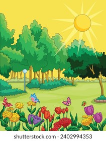 Ilustración vectorial que muestra flores, árboles y sol brillante