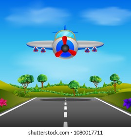vector illustration of showing a flying plane landing