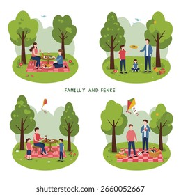 Ilustração vetorial mostrando quatro famílias diferentes desfrutando de piqueniques em um parque com árvores e grama verde.