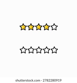 A vector illustration showing a four star rating icon filled with yellow color and a row of five empty outline stars isolated on white background