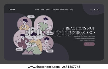 Vector illustration showing four types of stress responses: fight, flight, freeze, and fawn. Characters display varied emotions, highlighting natural reactions to stress and anxiety.