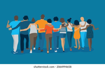 
vector illustration showing friends moving forward together to show the concept of multiracial and multicultural solidarity