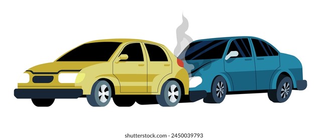 Vector illustration showing a frontal collision between two cars, isolated on white.