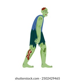 Ilustración vectorial que muestra a un zombie verde de cuerpo entero con un cuerpo putrefacto y una cabeza expuesta. Ideal para insignias y pegatinas temáticas de Halloween en estilo de dibujos animados planos.