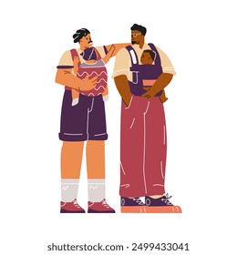 Vector illustration showing a gay couple with children in carriers. Full length characters drawn in flat style on isolated background. The concept of ease and safety of movement with a child.