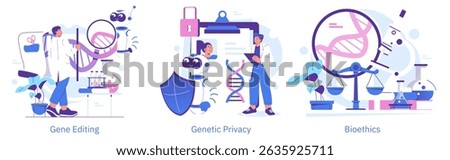 Vector illustration showing gene editing with a scientist, genetic privacy with a robot and a shield, and bioethics with a scale balancing a DNA strand. Scientific and ethical concepts.