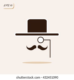 Vector illustration showing gentleman with a mustache, wearing a hat and a monocle. Sign and symbol