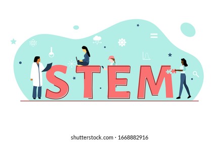 Vector Illustration Showing Girls Or Women In STEM (Science, Technology, Engineering, Mathematics Against A Green Background With Symbols Including Equal Sign, Cog, Cloud, Graph, Stars And A Beaker.