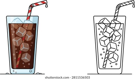 A vector illustration showing a glass of dark soda with ice and a straw next to its outline version.