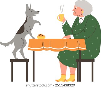 Ilustração vetorial mostrando vovó de cabelos grisalhos desfrutando de chá na mesa com seu cachorro cinza. Atividades de lazer de idosos com animais de estimação. Estilo plano. Plano de fundo isolado. Vista lateral.