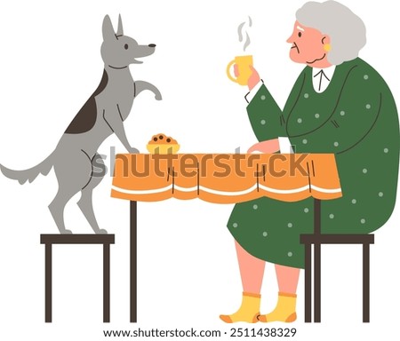 Vector illustration showing gray-haired granny enjoying tea at the table with her gray dog. Leisure activities of elderly people with pets. Flat style. Isolated background. Side view.