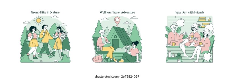 Ilustração vetorial mostrando atividades em grupo: amigos caminhando na natureza, desfrutando de uma viagem de camping e relaxando em um ambiente de spa. Representa lazer, bem-estar e amizade.