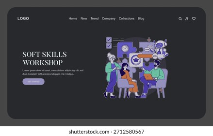 Ilustração vetorial mostrando um grupo envolvido em um workshop de habilidades sociais. Os participantes compartilham ideias e colaboram, com elementos visuais como um quebra-cabeça e uma lista de verificação que simbolizam trabalho em equipe e aprendizado.