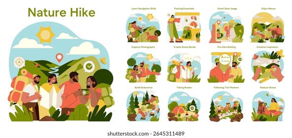 Vector illustration showing a group of hikers exploring a picturesque landscape. They carry backpacks and maps while sharing joyful moments on an outdoor adventure amidst lush greenery.