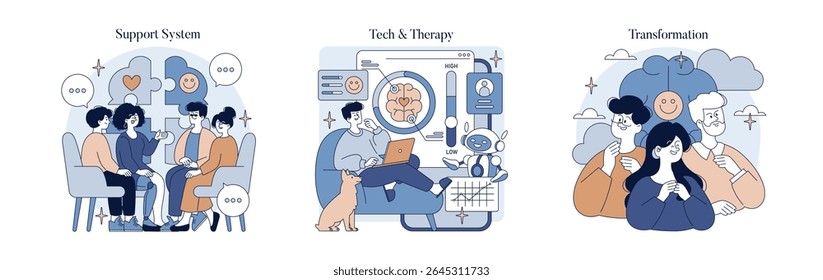 Vector illustration showing a group therapy session where individuals express emotions and offer support. Features technology-assisted therapy with interactive elements and happy transformation.