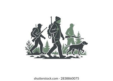 A vector illustration showing a group of three hunters walking through the woods accompanied by a hunting dog.