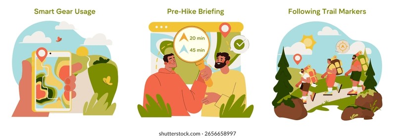 Ilustração vetorial mostrando um grupo usando equipamentos inteligentes para caminhadas. As características incluem planejamento com mapas digitais, discutir detalhes de caminhadas e seguir marcadores de trilhas através do terreno cênico.