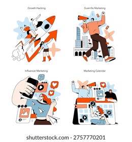 Vector illustration showing growth hacking with figures on a rising arrow, guerrilla marketing with megaphones, influencer marketing with social media icons, and a marketing calendar concept.