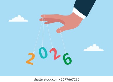 Vector illustration showing a hand controlling the numbers ‘2026’ like a puppet with strings, symbolizing influence, control, or manipulation over future plans and outcomes
