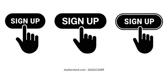 Vector illustration showing a hand cursor clicking on a "Sign Up" button. Ideal for websites, apps, user registration interfaces, and digital marketing materials where user interaction is emphasized.