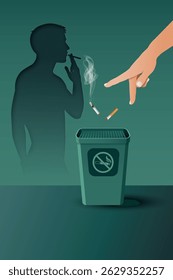 A vector illustration showing a hand discarding a cigarette into a no-smoking bin, with a smoker’s shadow behind. Raises awareness about quitting smoking for family health.