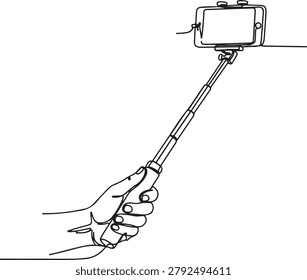 A vector illustration showing a hand gripping an adjustable-length arm device with a mounted generic camera or recording gadget, emphasizing self-portrait or video capture functionality in a clean line art style.