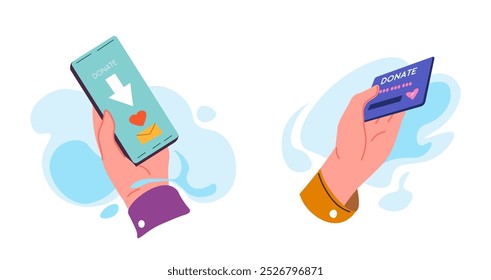 Ilustração vetorial mostrando uma mão segurando um telefone celular com uma tela de doação, isolada sobre um fundo branco. Esta ilustração digital é perfeita para caridade on-line ou promoções de captação de recursos.