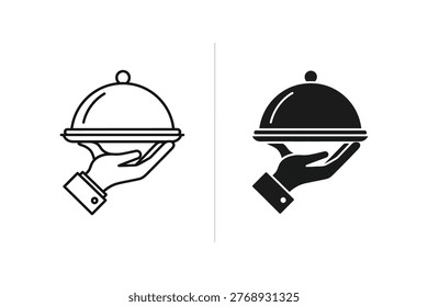 A vector illustration showing a hand in a suit cuff holding a covered dish or cloche. This graphic is perfect for representing catering, restaurant service, or special meal delivery in marketing and advertising.
