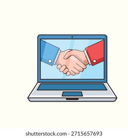 Ilustración vectorial que muestra un apretón de manos en una pantalla de computadora portátil con Elementos médicos. Este concepto representa acuerdos de seguros médicos en línea, Acuerdos de telemedicina, alianzas de salud digital y confianza remota entre médicos y pacientes. Perfecto para negocios de tecnología de la salud, pólizas de seguros y colaboraciones corporativas de atención médica. Aislado sobre fondo blanco.