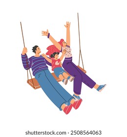 Vector illustration showing a happy family on a swing. Mom, dad and little daughter enjoy relaxing and having fun together, isolated on a white background