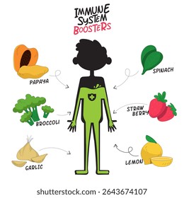 Vector illustration showing healthy foods that boost the immune system, including papaya, garlic, spinach, broccoli, lemon, and strawberries. Ideal for educational materials, health infographics, and 