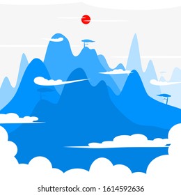 Vector illustration showing a high mountians above the clouds and surrounded by clouds with the sun.