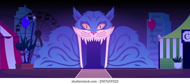 Vector illustration showing a horror house entrance. The entrance set in the mouth of a cat surrounded by circus tents against a night city landscape for a thrilling Halloween scene. Flat style.