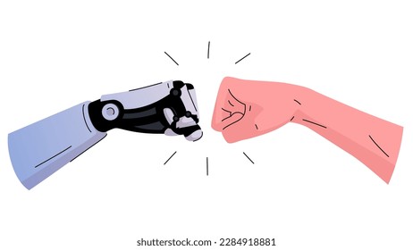 A vector illustration showing how a robot and a human extend their fists to each other in a greeting gesture. The punching gesture symbolizes the camaraderie and mutual respect between the two groups.