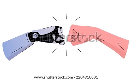 A vector illustration showing how a robot and a human extend their fists to each other in a greeting gesture. The punching gesture symbolizes the camaraderie and mutual respect between the two groups.