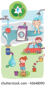 Vector illustration showing how to use home RECYCLED WASTEWATER generated from domestic processes. Recycled water can be used for cleaning floors, washing the car, watering plants, etc.