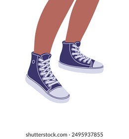 Vector illustration showing human legs from above, wearing dark blue sneakers. Suitable for sports design and ideal for skateboarding. Flat cartoon style on isolated background.